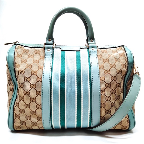 Gucci Vintage Blue & Green Web Boston Bag GG Canvas Medium Duffle Doctor W/Strap - Picture 1 of 9